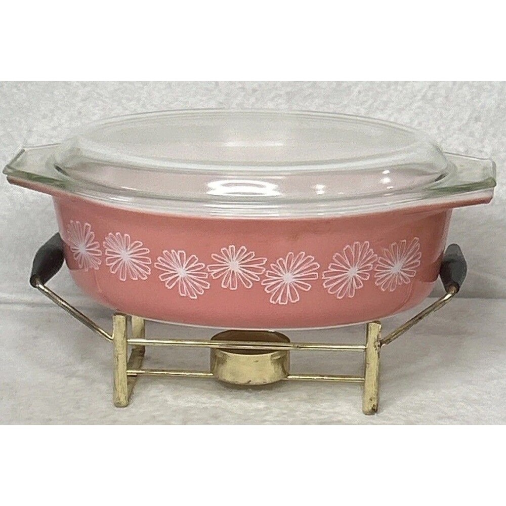 Vintage PYREX PINK DAISY Oval Casserole W/Lid And Cradle Candle Holder 1950s MCM